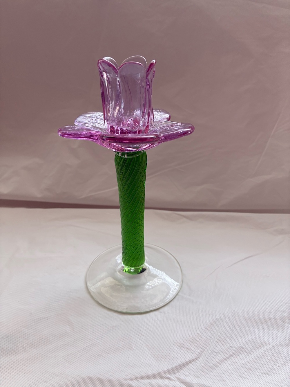 Handblown Pink Glass Flower Sculpture with Green Stem